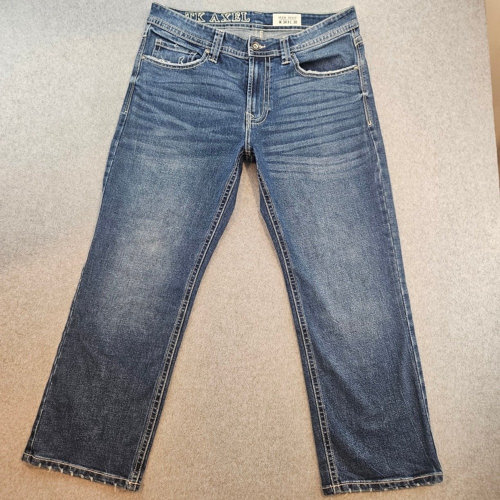 TK Axel Mens Slim Bootcut Jeans Medium Wash Blue Stretch Denim 34x30 Embroidered